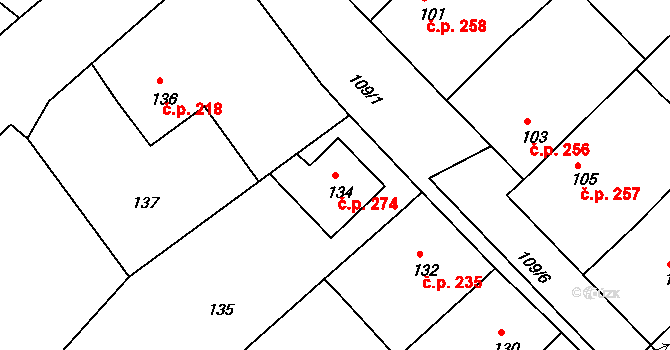 Kobeřice u Brna 274 na parcele st. 134 v KÚ Kobeřice u Brna, Katastrální mapa
