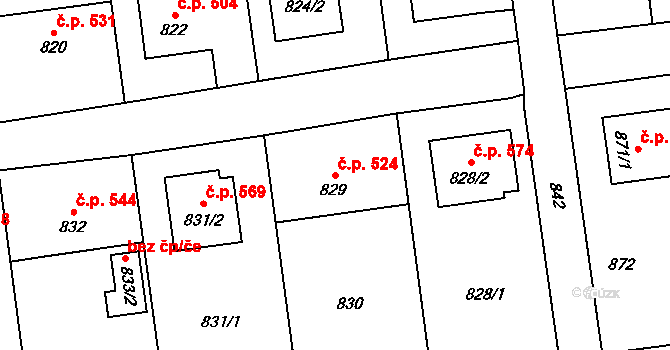 Bolatice 524 na parcele st. 829 v KÚ Bolatice, Katastrální mapa