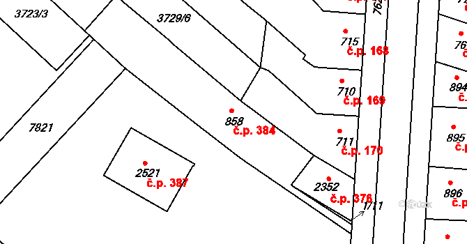 Telč-Podolí 384, Telč na parcele st. 858 v KÚ Telč, Katastrální mapa