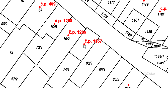 Hluk 1167 na parcele st. 73 v KÚ Hluk, Katastrální mapa