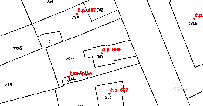 Buchlovice 699 na parcele st. 343 v KÚ Buchlovice, Katastrální mapa