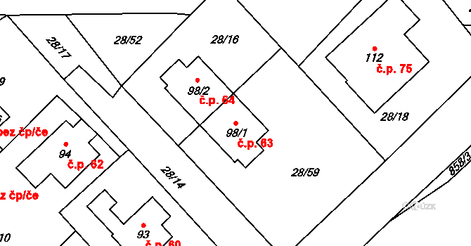 Licibořice 63 na parcele st. 98/1 v KÚ Licibořice, Katastrální mapa