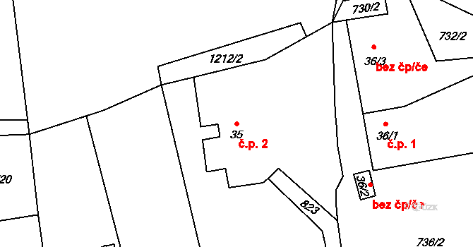 Pohořalka 2, Liboměřice na parcele st. 35 v KÚ Liboměřice, Katastrální mapa