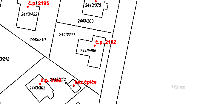 Roztoky 2192 na parcele st. 2443/496 v KÚ Roztoky u Prahy, Katastrální mapa