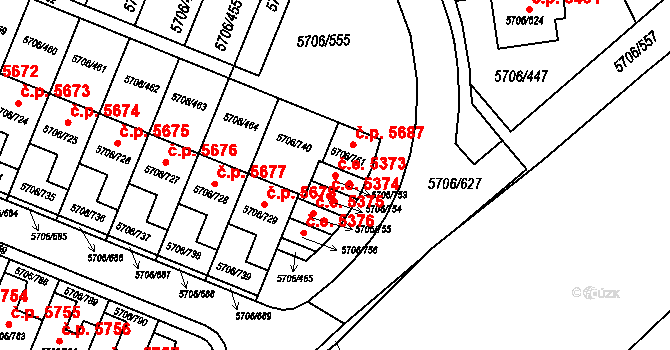 Jihlava 5373 na parcele st. 5706/753 v KÚ Jihlava, Katastrální mapa