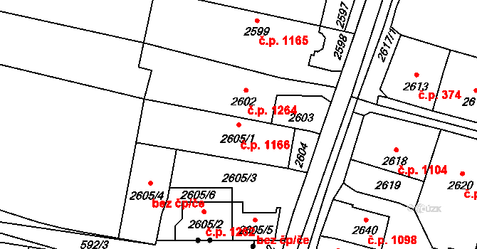 Mohelnice 1166 na parcele st. 2605/1 v KÚ Mohelnice, Katastrální mapa