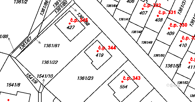 Lhenice 344 na parcele st. 419 v KÚ Lhenice, Katastrální mapa