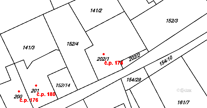Ruda 174 na parcele st. 202/1 v KÚ Ruda u Nového Strašecí, Katastrální mapa
