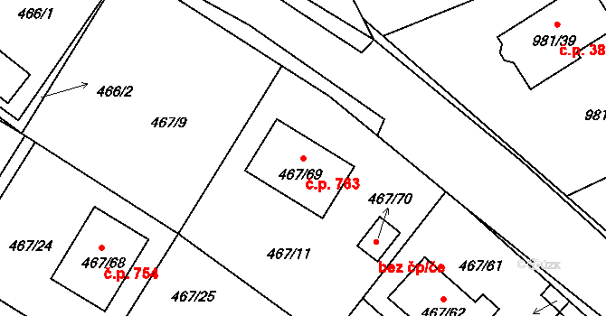 Srubec 763 na parcele st. 467/69 v KÚ Srubec, Katastrální mapa