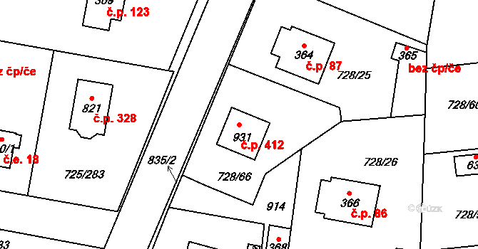 Mukařov 412 na parcele st. 931 v KÚ Mukařov u Říčan, Katastrální mapa