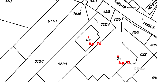 Čachotín 74 na parcele st. 106 v KÚ Čachotín, Katastrální mapa