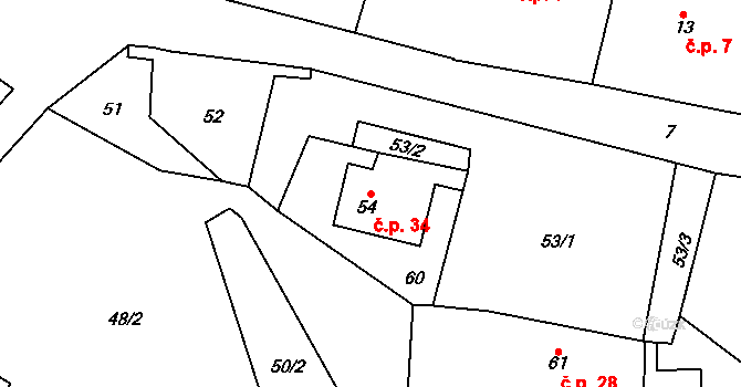 Běstviny 34, Dobruška na parcele st. 54 v KÚ Běstviny, Katastrální mapa