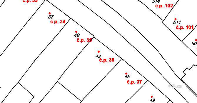 Hrušky 36 na parcele st. 43 v KÚ Hrušky, Katastrální mapa