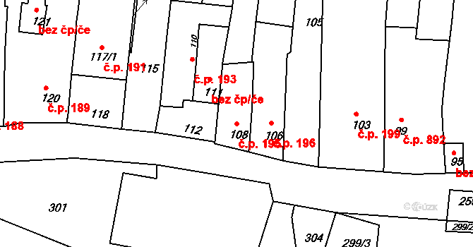 Klobouky u Brna 195 na parcele st. 108 v KÚ Klobouky u Brna, Katastrální mapa