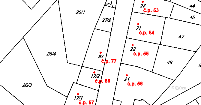 Skoky 77, Dolní Újezd na parcele st. 93 v KÚ Skoky u Staměřic, Katastrální mapa