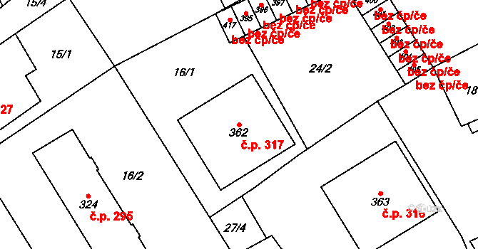 Vrdy 317 na parcele st. 362 v KÚ Vrdy, Katastrální mapa