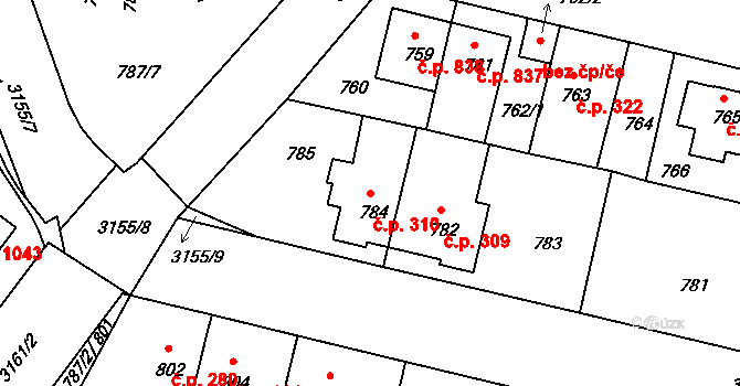 Čelákovice 310 na parcele st. 784 v KÚ Čelákovice, Katastrální mapa