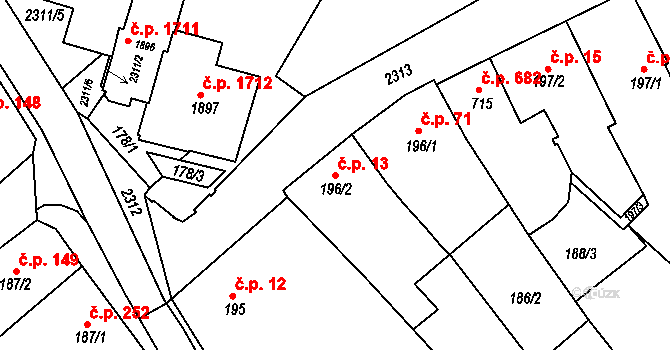Tišnov 13 na parcele st. 196/2 v KÚ Tišnov, Katastrální mapa