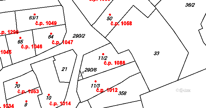 Švermov 1086, Kladno na parcele st. 11/2 v KÚ Hnidousy, Katastrální mapa