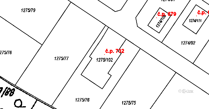 Město Touškov 732 na parcele st. 1275/102 v KÚ Město Touškov, Katastrální mapa