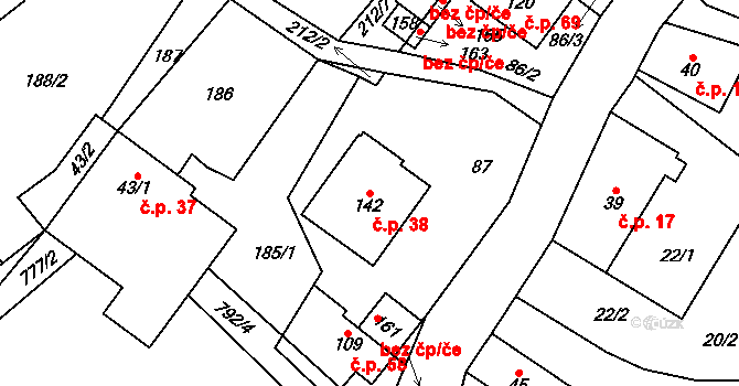 Syřenov 38 na parcele st. 142 v KÚ Syřenov, Katastrální mapa