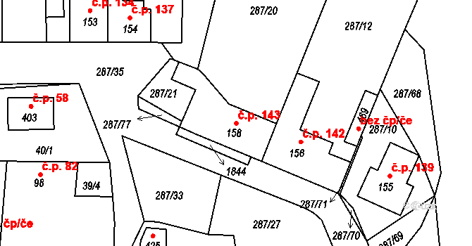 Tetín 143 na parcele st. 158 v KÚ Tetín u Berouna, Katastrální mapa