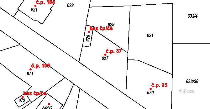 Kvaň 37, Zaječov na parcele st. 627 v KÚ Kvaň, Katastrální mapa