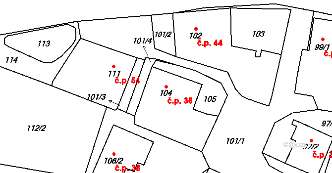 Hřibsko 35, Stěžery na parcele st. 104 v KÚ Hřibsko, Katastrální mapa