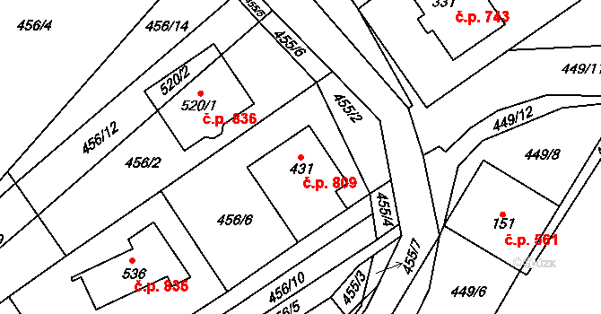 Chvalčov 809 na parcele st. 431 v KÚ Chvalčova Lhota, Katastrální mapa