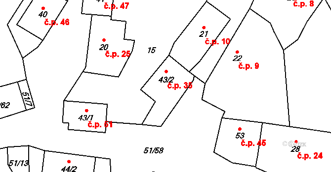 Rohanov 35, Vacov na parcele st. 43/2 v KÚ Rohanov, Katastrální mapa
