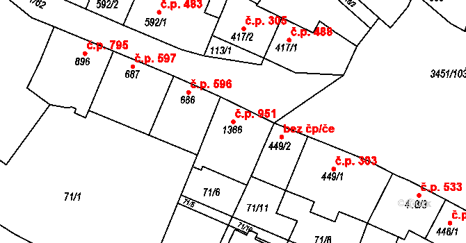 Lysá nad Labem 951 na parcele st. 1366 v KÚ Lysá nad Labem, Katastrální mapa