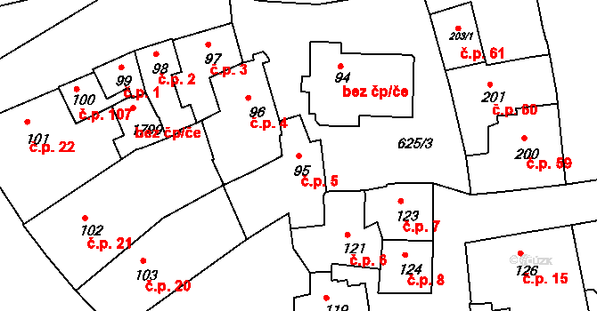 Zámostí 5, Třebíč na parcele st. 95 v KÚ Podklášteří, Katastrální mapa