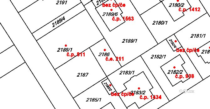 Kyje 211, Praha na parcele st. 2186 v KÚ Kyje, Katastrální mapa
