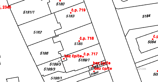 Východní Předměstí 718, Plzeň na parcele st. 5185 v KÚ Plzeň, Katastrální mapa
