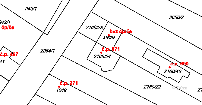 Žebětín 671, Brno na parcele st. 2160/24 v KÚ Žebětín, Katastrální mapa