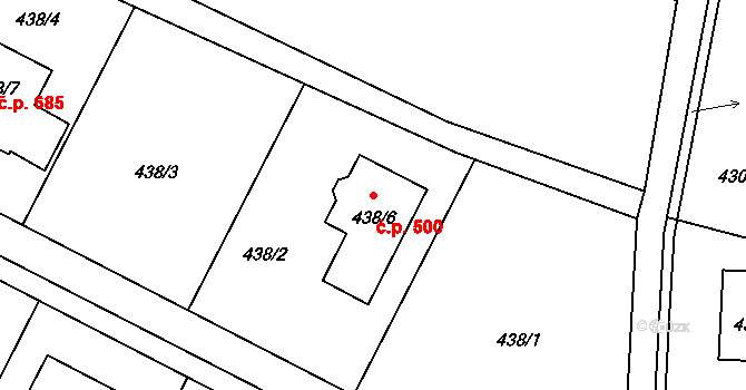 Srubec 500 na parcele st. 438/6 v KÚ Srubec, Katastrální mapa