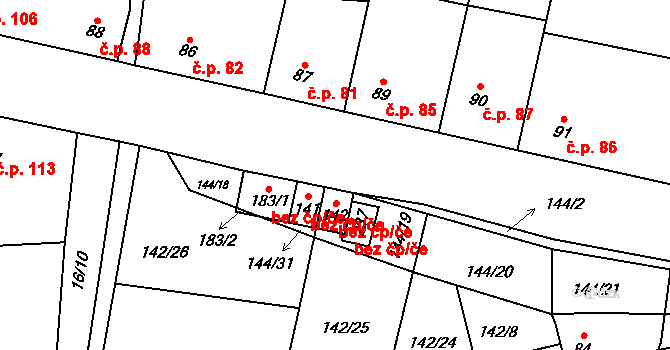 Třebusice 38599422 na parcele st. 142 v KÚ Třebusice, Katastrální mapa