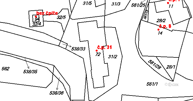 Mirošov 31, Valašské Klobouky na parcele st. 72 v KÚ Mirošov u Valašských Klobouk, Katastrální mapa
