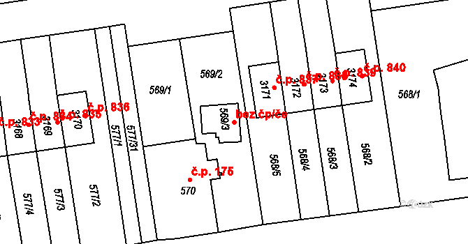 Třinec 40230422 na parcele st. 569/3 v KÚ Lyžbice, Katastrální mapa
