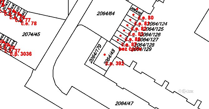 Brňany 392, Vyškov na parcele st. 2064/48 v KÚ Vyškov, Katastrální mapa