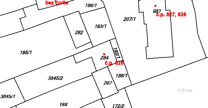 Ostrožské Předměstí 828, Uherský Ostroh na parcele st. 284 v KÚ Ostrožské Předměstí, Katastrální mapa