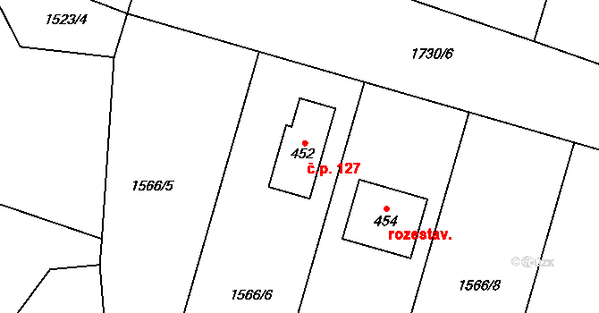 Třemblat 127, Ondřejov na parcele st. 452 v KÚ Třemblat, Katastrální mapa
