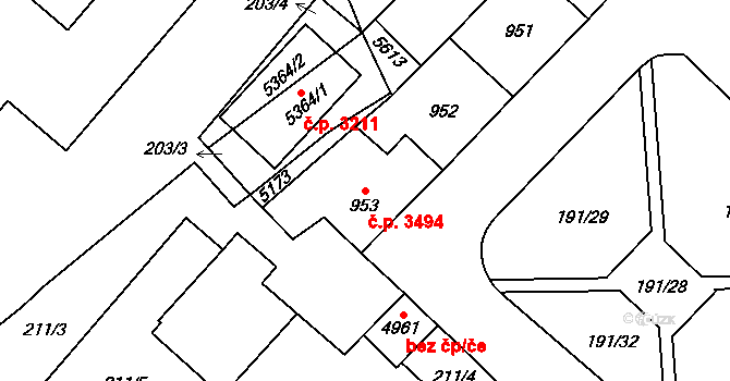 Břeclav 3494 na parcele st. 953 v KÚ Břeclav, Katastrální mapa
