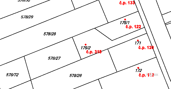 Dolní Beřkovice 318 na parcele st. 175/2 v KÚ Dolní Beřkovice, Katastrální mapa