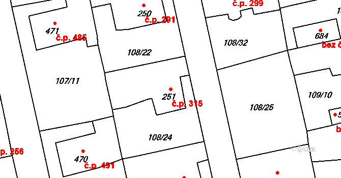 Rudná 315 na parcele st. 251 v KÚ Dušníky u Rudné, Katastrální mapa