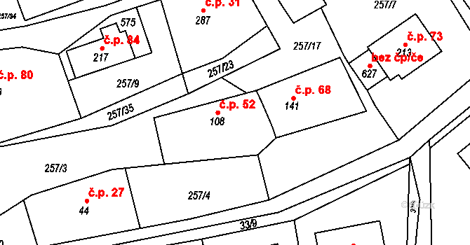 Černolice 52 na parcele st. 108 v KÚ Černolice, Katastrální mapa
