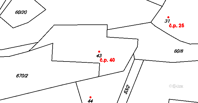 Křížovice 40, Plánice na parcele st. 43 v KÚ Křížovice u Číhaně, Katastrální mapa