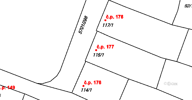 Hrádek 177 na parcele st. 115/1 v KÚ Hrádek u Znojma, Katastrální mapa