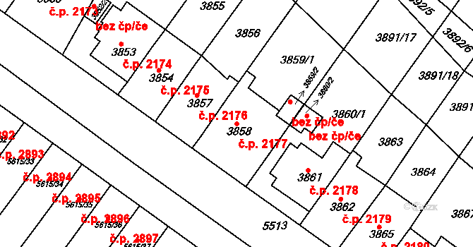 Znojmo 2177 na parcele st. 3858 v KÚ Znojmo-město, Katastrální mapa