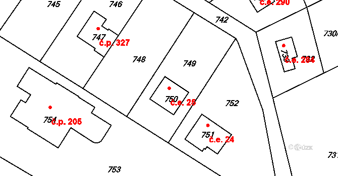 Sázava 25 na parcele st. 750 v KÚ Sázava, Katastrální mapa